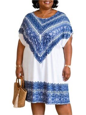 5th & Love Size Large Caftan Dress Blue White Bohemian Print Tie Waist Belt